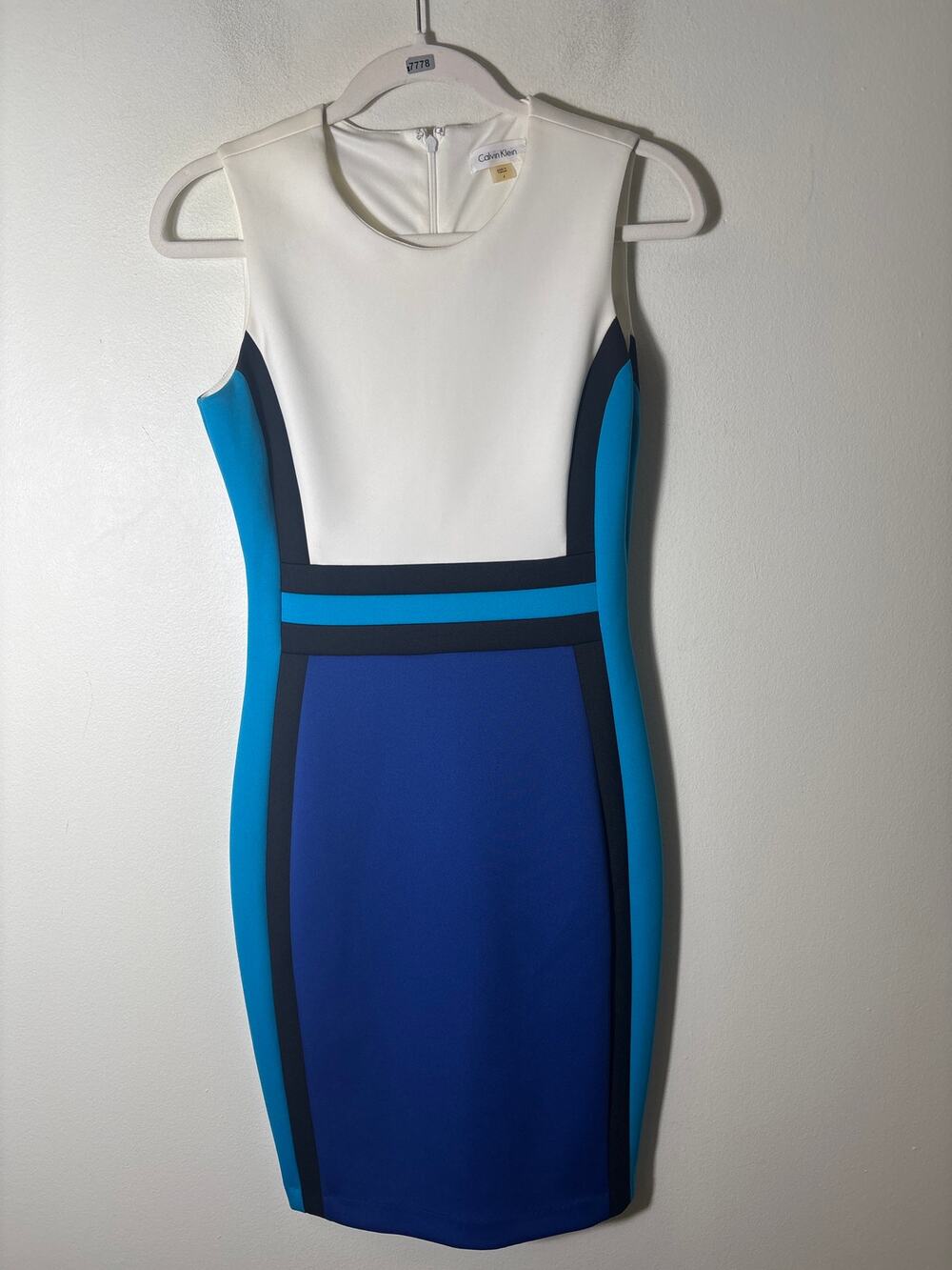 Calvin Klein White Blue Colorblock Sleeveless Midi Dress Sz 4
